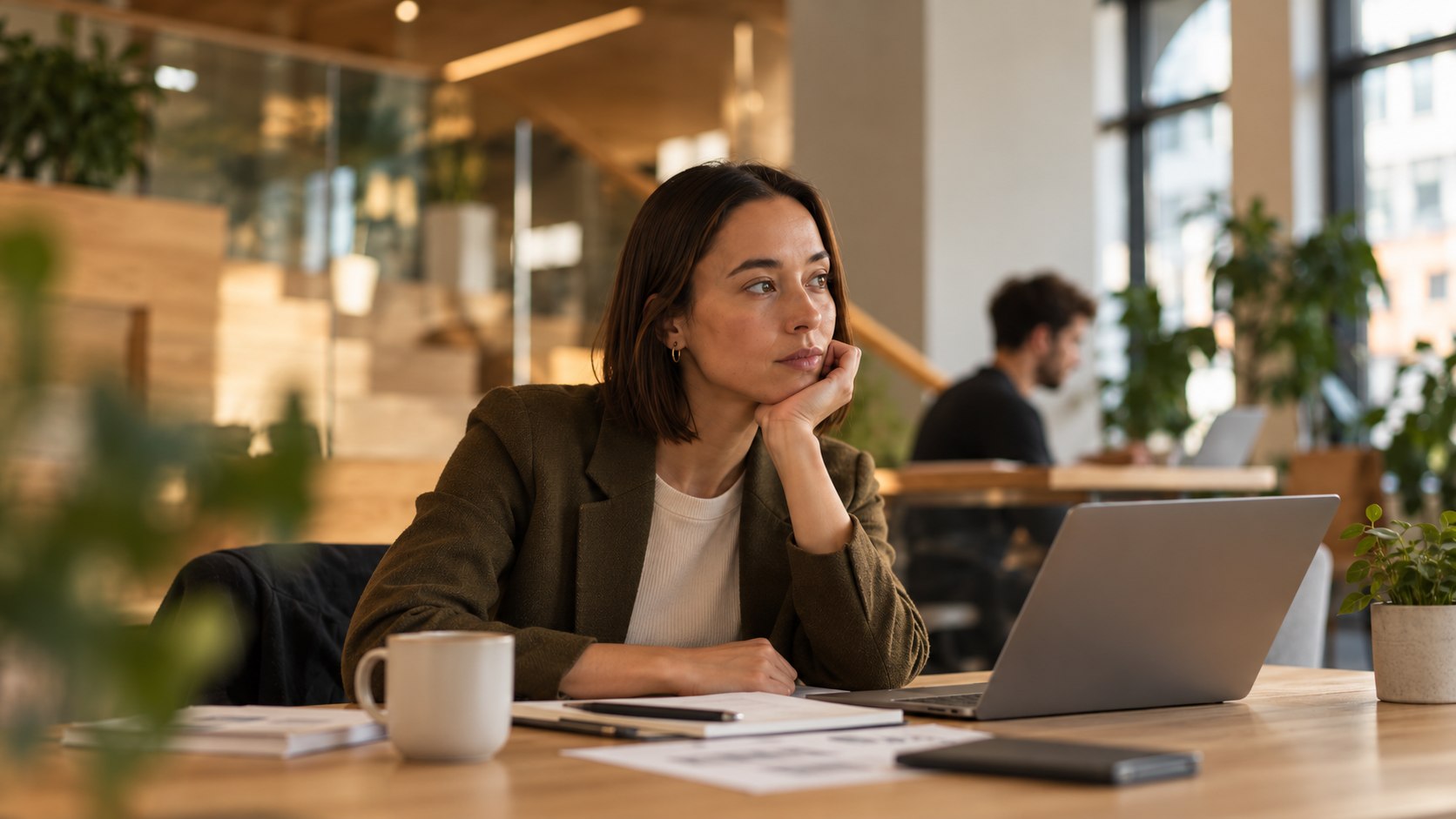 A product lead reviewing work at her desk in a modern office